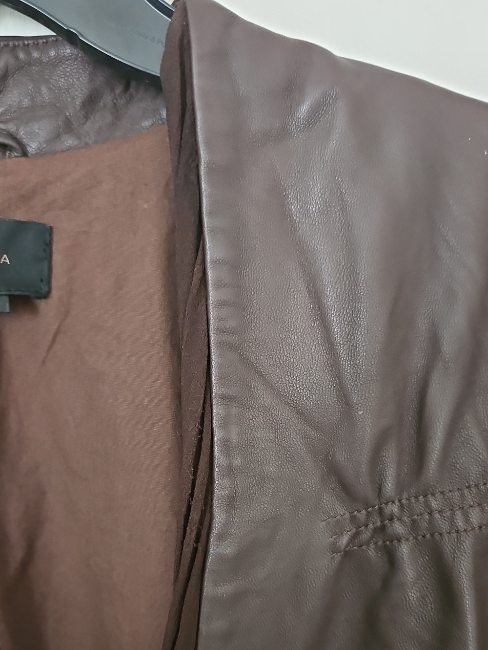 BCBG Max Azria Brown Leather Open-Front Jacket With Silk Trim - Picture 12 of 13